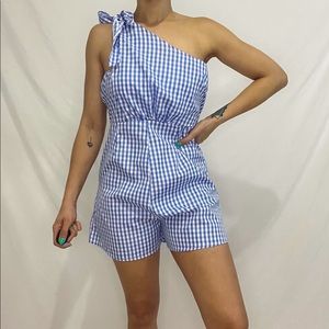 Gingham romper baby blue and white